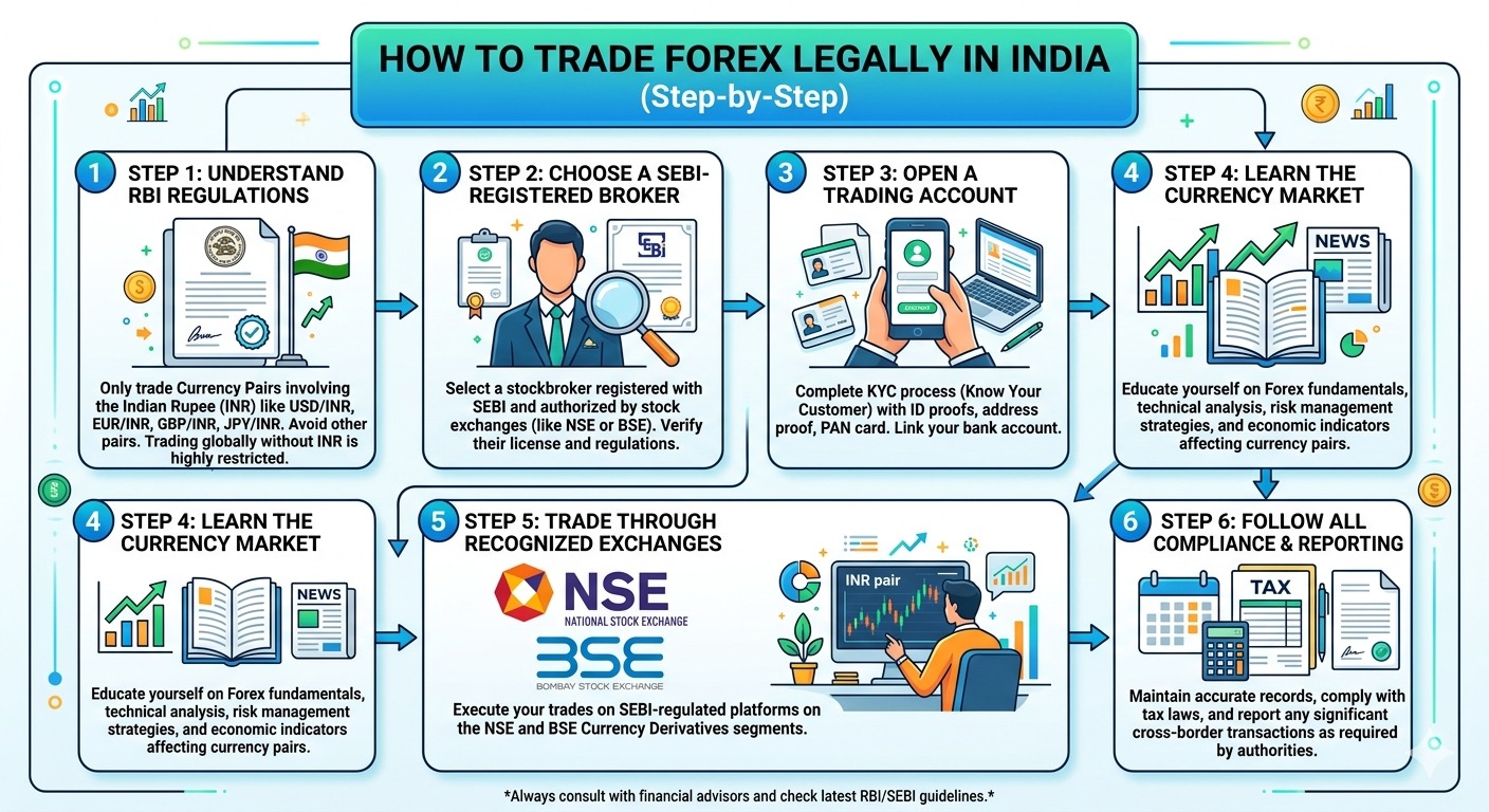 “Step-by-step guide on forex trading legal in India showing RBI rules, SEBI brokers, trading account setup, and compliance process”