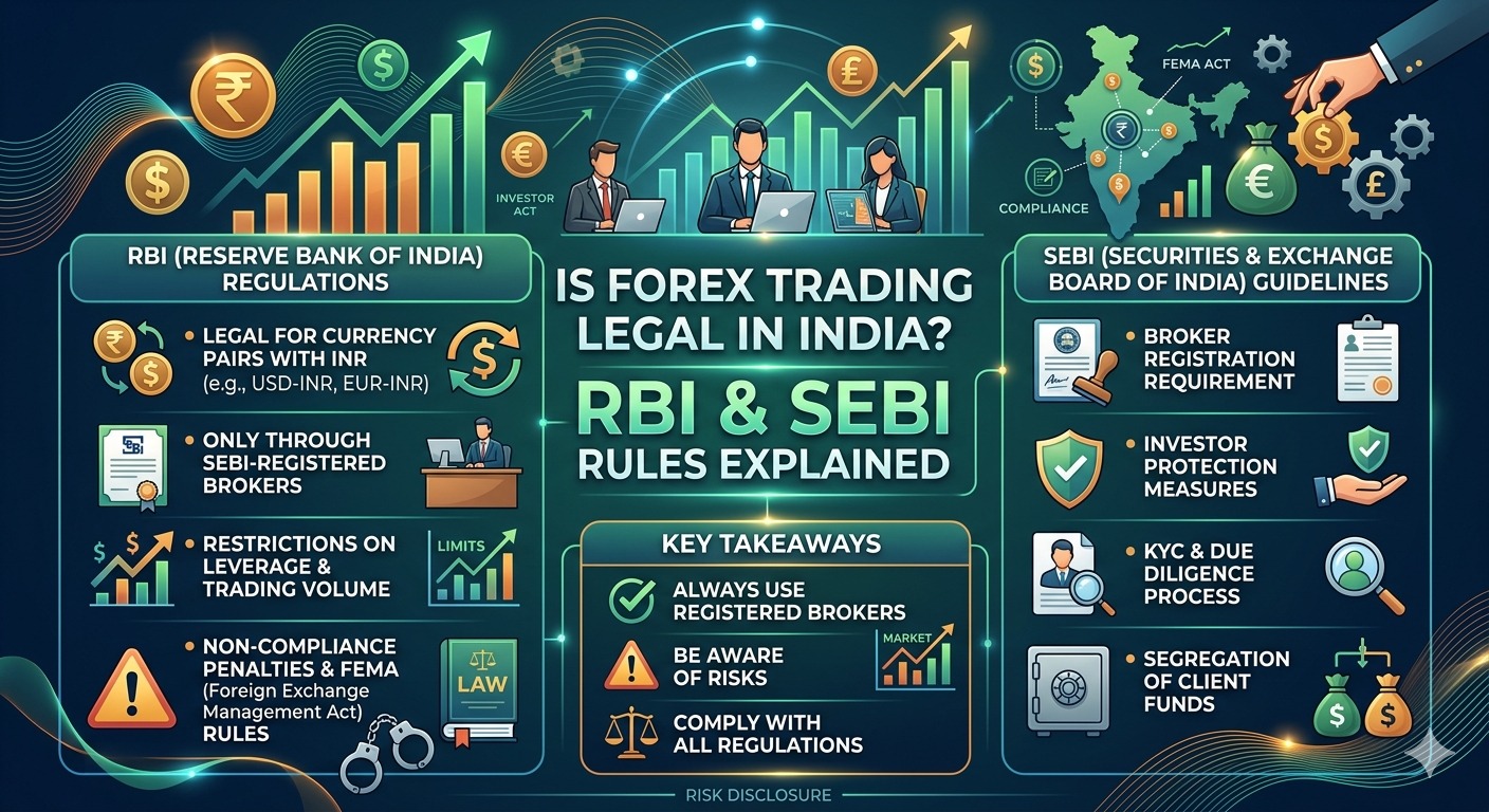 Infographic on forex trading legal in India, showing Reserve Bank of India and Securities and Exchange Board of India rules, including INR pairs, registered brokers, and compliance guidelines.