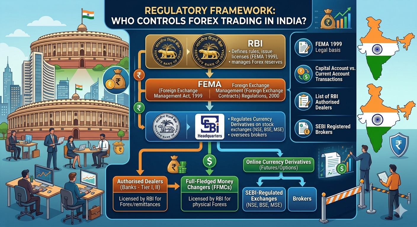 Infographic on forex trading legal in India showing regulatory framework by Reserve Bank of India and Securities and Exchange Board of India, covering FEMA rules, authorized dealers, SEBI-regulated exchanges, and brokers.