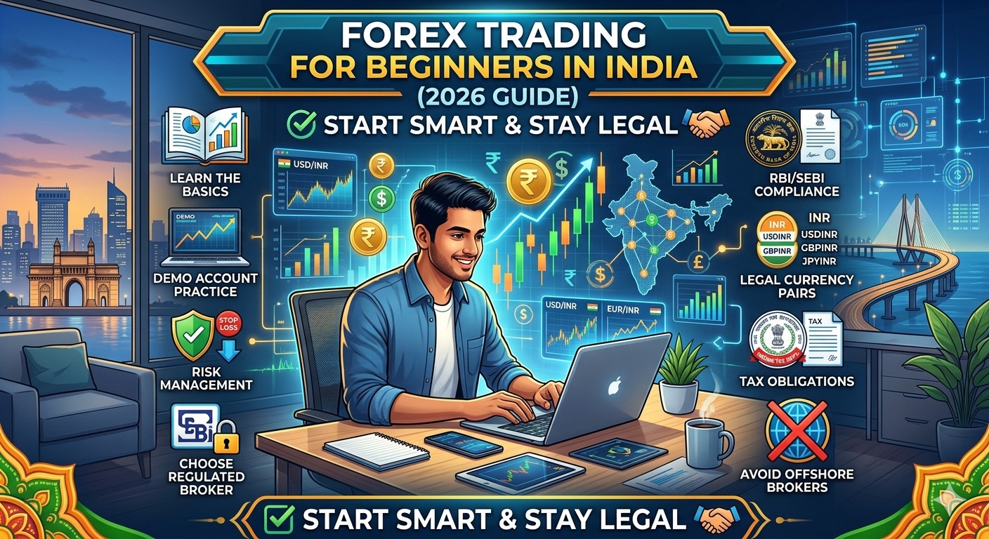 Forex trading for beginners in India guide showing step-by-step process, legal rules, SEBI compliance, currency pairs, and risk management for 2026