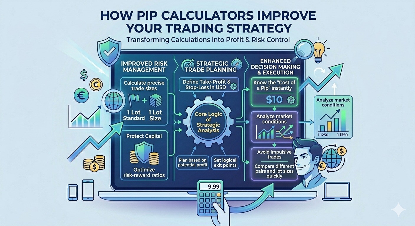 Pip calculator infographic showing how pip calculator improves trading strategy with risk management, trade planning, and decision making in forex trading