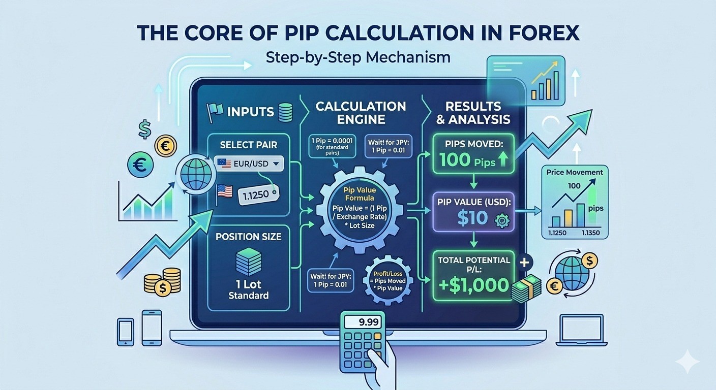 Pip calculator diagram explaining forex pip calculation with inputs, calculation engine, and results showing pip value, 100 pips movement, and $1000 profit analysis