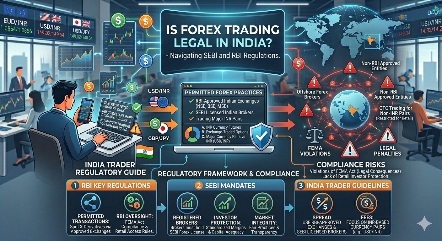 Best forex brokers in India infographic explaining RBI and SEBI rules, legal trading practices, and compliance risks for traders