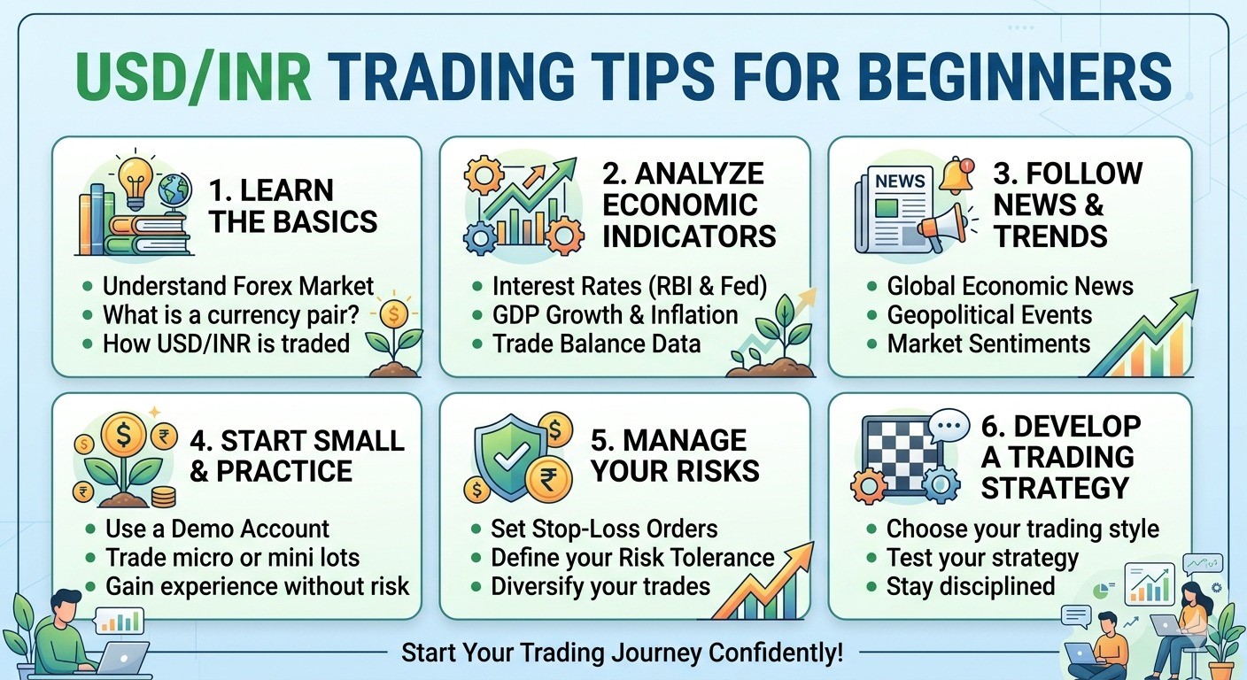 USD/INR trading strategy India tips for beginners covering basics, economic analysis, risk management, and trading plan