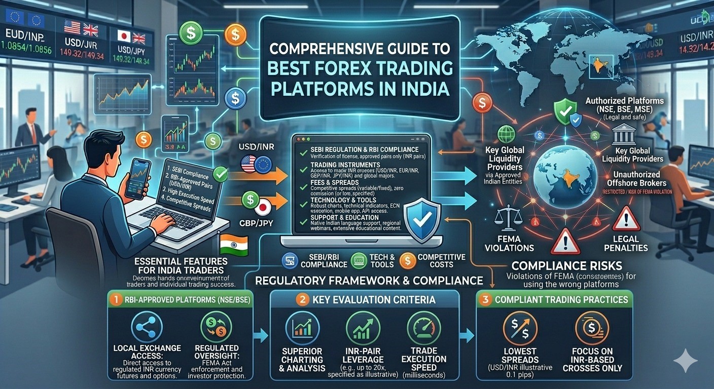 Best forex brokers in India infographic showing trading platforms, SEBI compliance, RBI rules, and key features for Indian traders