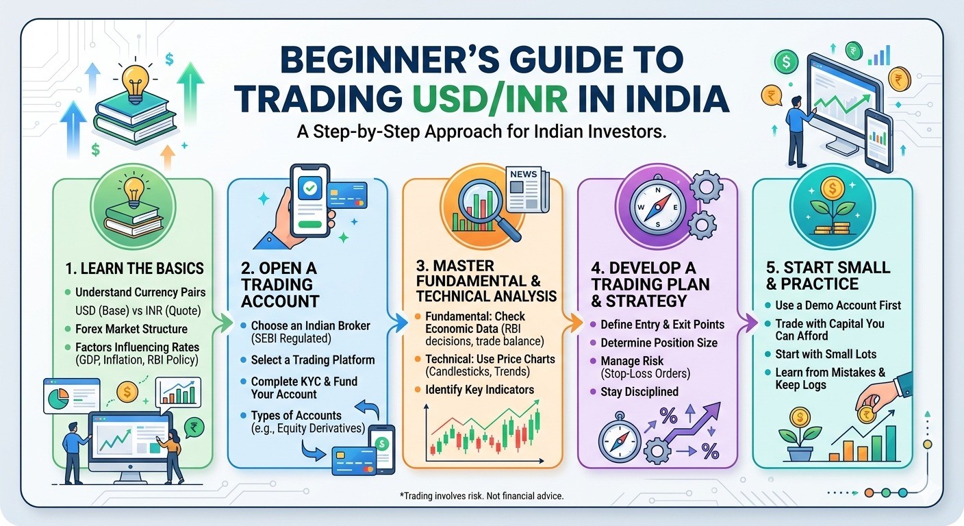 USD/INR trading strategy India beginner guide showing steps like basics, account setup, analysis, trading plan, and practice