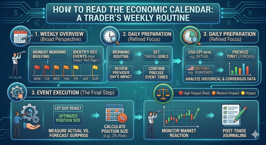 A detailed infographic titled "How to Read the Economic Calendar: A Trader's Weekly Routine". It is structured sequentially in three main sections: 1. Weekly Overview (Monday Morning Briefing, Identifying High-Impact Red Flags); 2. Daily Preparation (Refined Focus on CPI example, Historical & Consensus data); 3. Event Execution (Lot Size Calculation with 2% Risk, Market Reaction Monitoring, and Post-Trade Journaling). The style uses glowing teal, blue, and green accents.